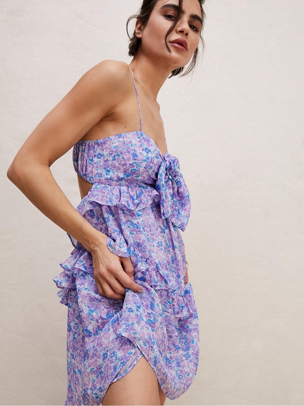 For Love And Lemons Debbie Lavender Floral Ruffle Mini Dress Size M